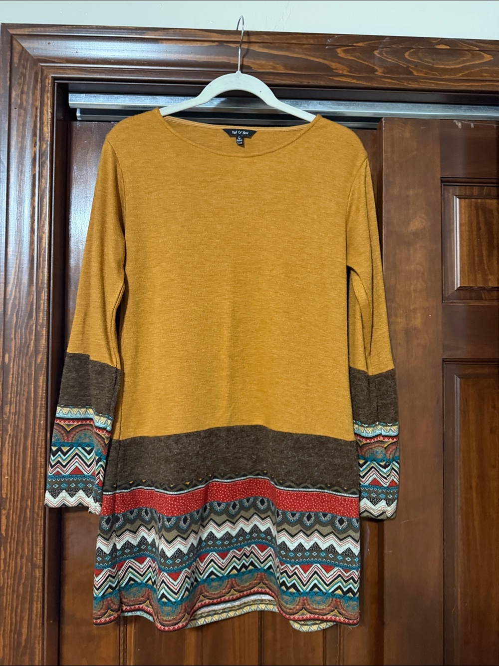 Mustard Long-Sleeve Knit Dress with Patterned Hem and Cuffs